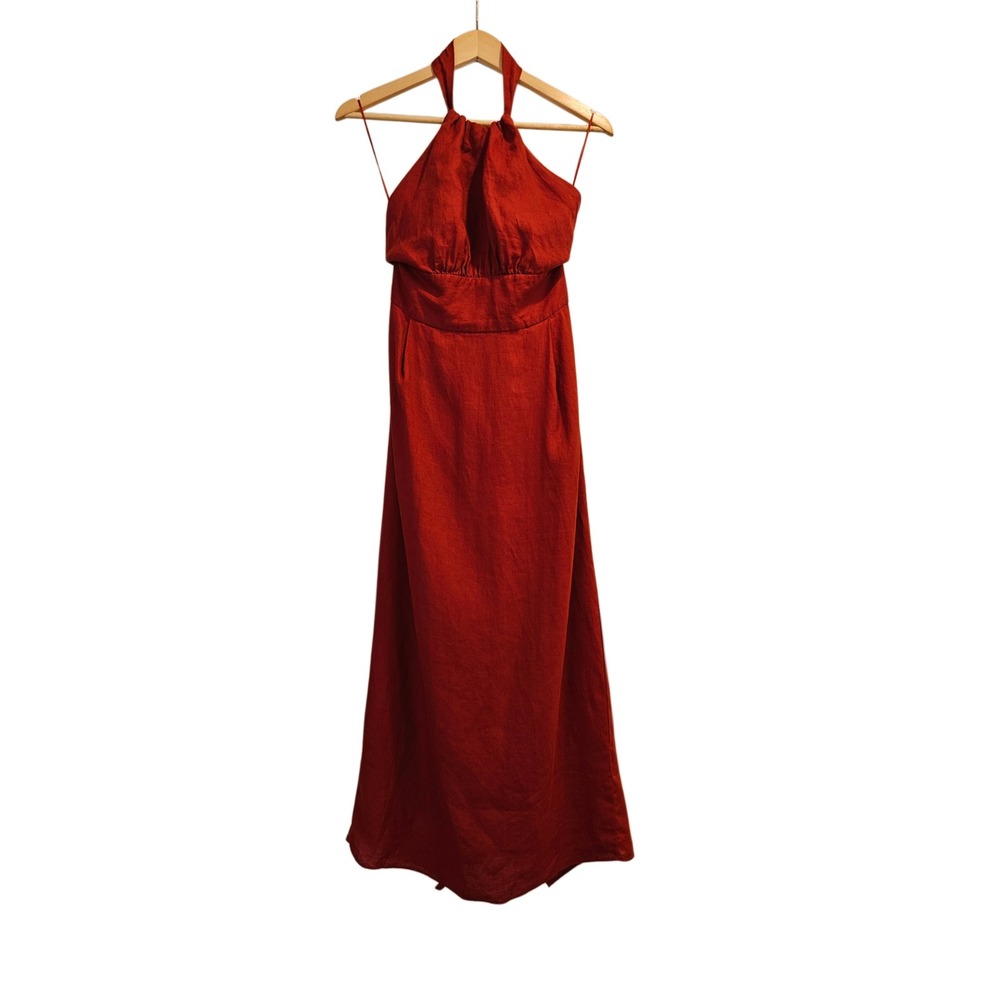 Banana Republic Lisa Linen Midi Dress Red Embers Halter Bow Backless Size 10 EUC